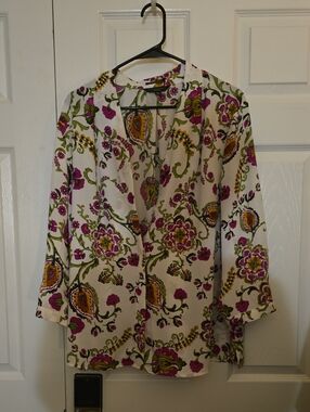 Floral V-Neck Blouse in Cream with Pink & Green